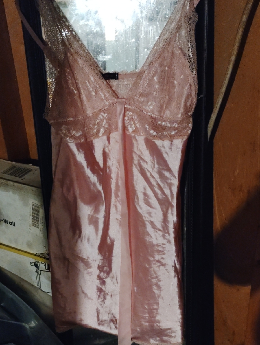 Sheer Lace Satin Slip Nightdress - Pink
